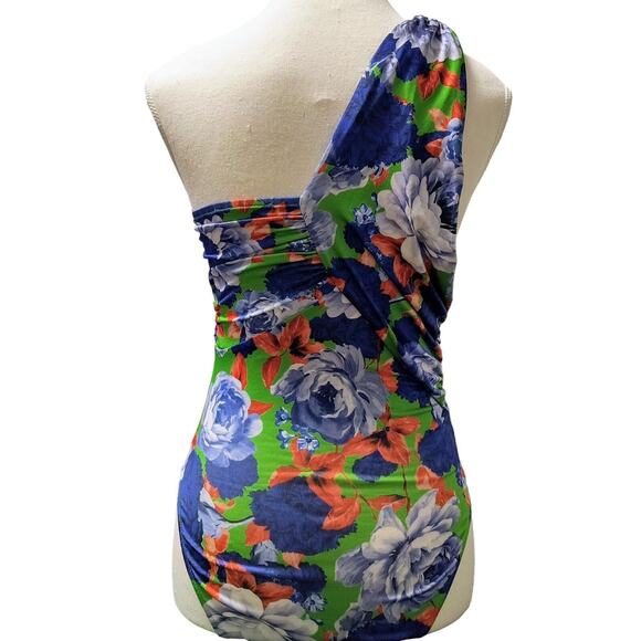 ZARA Bodysuit NWT Small Blue Green Red Floral Asymmetrical Bloggers Fav Summer - Picture 8 of 9